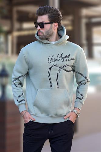 Çağla Yeşil Baskılı Kapşonlu Cep Detaylı Erkek Sweatshirt 7067