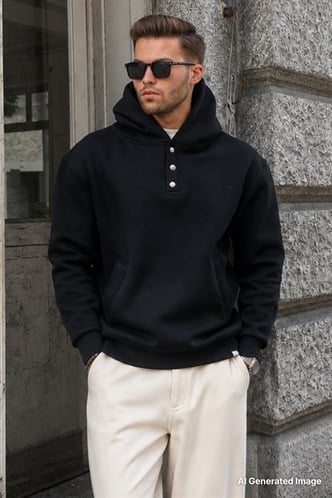 Siyah Kapüşonlu Düğme Detaylı Sweatshirt 6150
