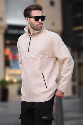 Ekru Dik Yaka Yarım Fermuarlı Buklet Sweatshirt 7084