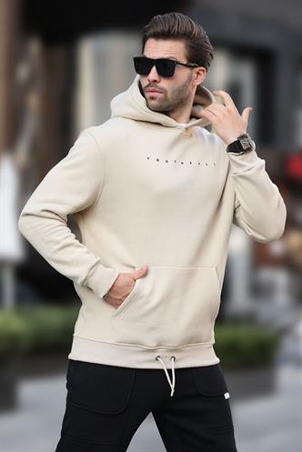 Bej Kapüşonlu Baskılı Erkek Sweatshirt 7077