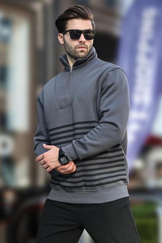 Füme Fermuar Yakalı Çizgili Sweatshirt 7056