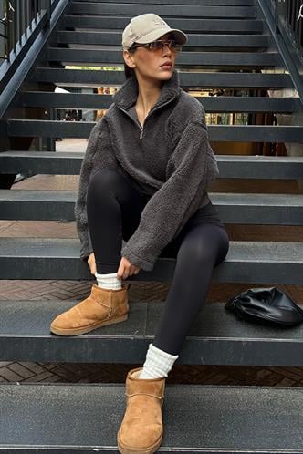 Füme Fermuar Yaka Kürklü Kadın Sweatshirt MG2261