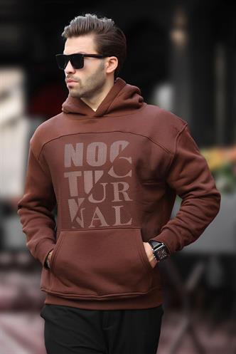 Acı Kahverengi Baskılı Kapüşonlu Cep Detaylı Erkek Sweatshirt 7062