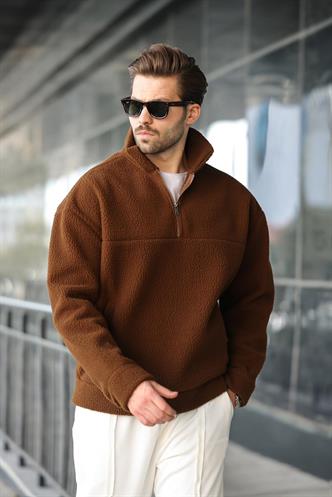 Kahverengi Yarım Fermuarlı Dik Yaka Polar Sweatshirt E7165