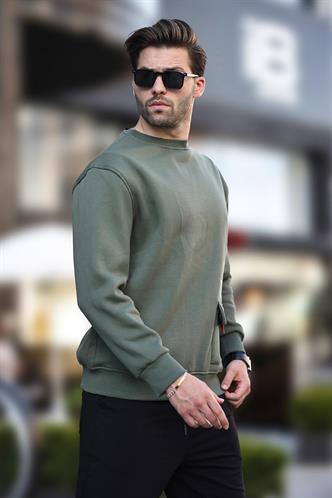 Haki Bisiklet Yaka Şardonlu Cep Detaylı Baskılı Erkek Sweatshirt 7061