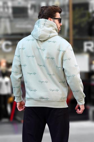 Çağla Yeşili Baskılı Kapşonlu Cep Detaylı Erkek Sweatshirt 7075