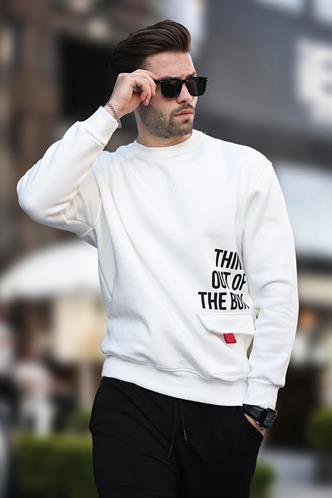Ekru Bisiklet Yaka Şardonlu Cep Detaylı Baskılı Erkek Sweatshirt 7061