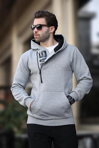 Madmext Gri Fermuar Detaylı Kapüşonlu Sweatshirt 1767