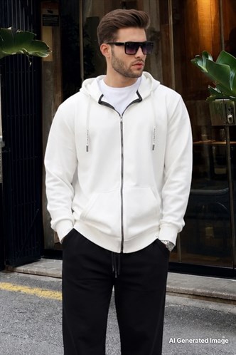Ekru Fermuarlı Kapüşonlu Sweatshirt 6161