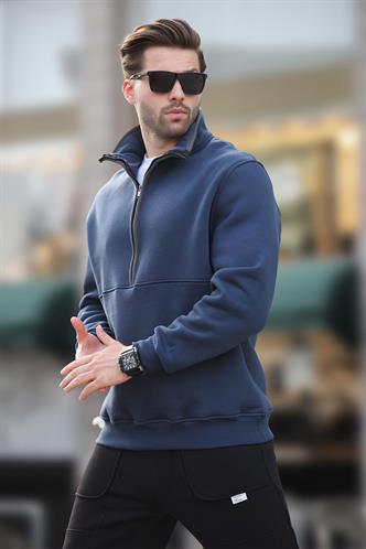 Lacivert Dik Yaka Yarım Fermuarlı Sweatshirt 7079
