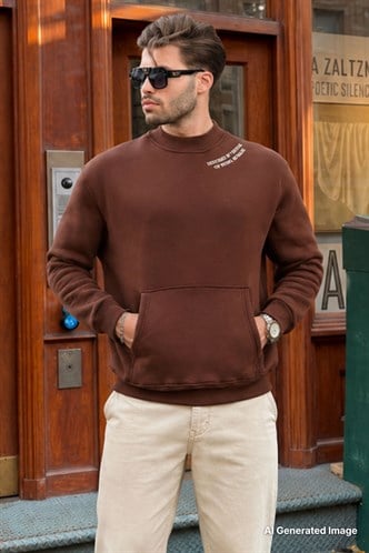Acı Kahverengi Bisiklet Yaka Nakış Detaylı Cepli Erkek Sweatshirt 7049