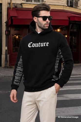 Siyah Kapüşonlu Cep Detaylı Baskılı Erkek Sweatshirt 7090