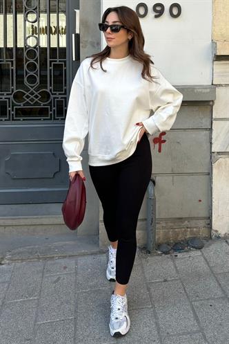 Ekru Bisiklet Yaka Basic Sweatshirt MG2185