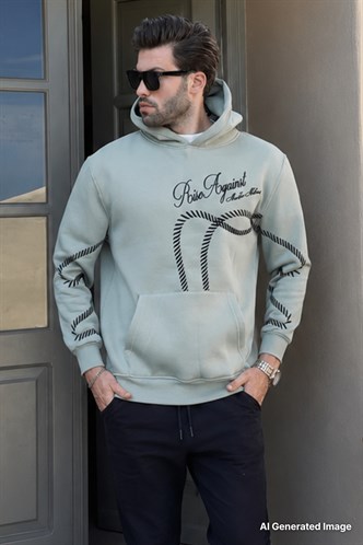 Çağla Yeşil Baskılı Kapşonlu Cep Detaylı Erkek Sweatshirt 7067