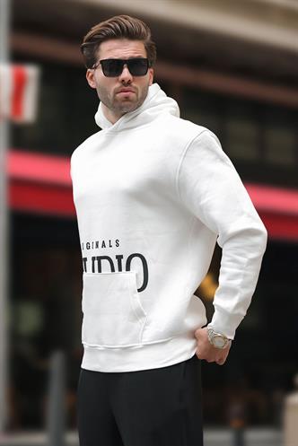 Ekru Kapüşonlu Baskılı Cep Detaylı Sweatshirt E7076