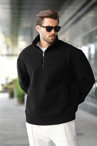 Siyah Yarım Fermuarlı Dik Yaka Polar Sweatshirt E7165