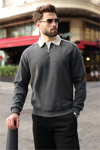 Antrasit Şerit Detaylı Polo Yaka Erkek Sweatshirt E7212  