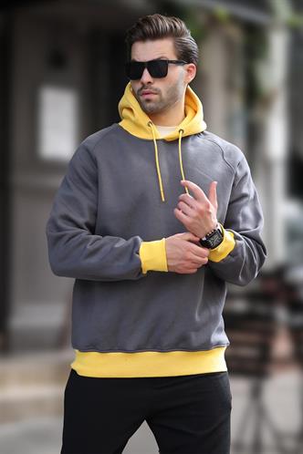 Füme Renk Bloklu Kapüşonlu Sweatshirt 7073