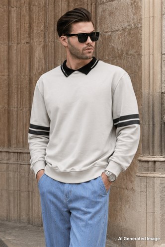 Bej Polo Yaka Oversize Kolu Şeritli Erkek Sweatshirt 7048
