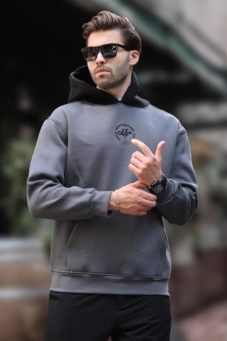 Füme Kapüşonlu Renk Bloklu Nakış Detaylı Erkek Sweatshirt 7088