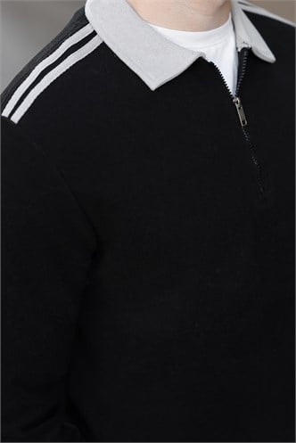 Siyah Şerit Detaylı Polo Yaka Erkek Sweatshirt E7212  