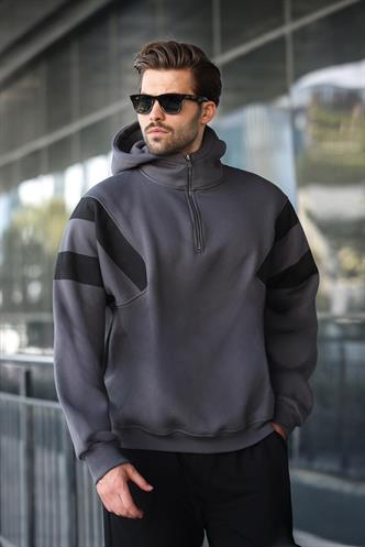 Füme Fermuarlı Yaka Kapüşonlu Erkek Sweatshirt E7161