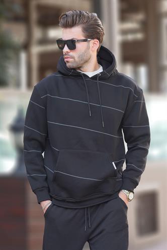 Siyah Kapüşonlu Cep Detaylı Çizgili Erkek Sweatshirt 7063