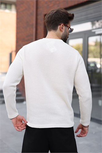 Ekru Bisiklet Yaka Fermuar Detaylı Erkek Triko Sweatshirt E7209