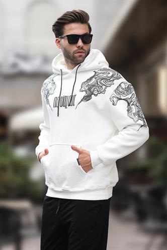 Ekru Kapüşonlu Cep Detaylı Baskılı Erkek Sweatshirt 7052