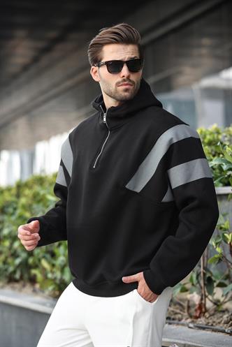 Siyah Fermuarlı Yaka Kapüşonlu Erkek Sweatshirt E7161