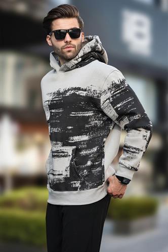 Boyalı Gri Kapüşonlu Desenli Cep Detaylı Erkek Sweatshirt 7059