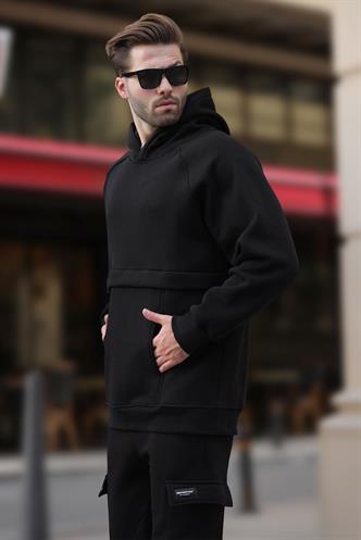 Siyah Kapüşonlu Cep Detaylı Erkek Sweatshirt 7092