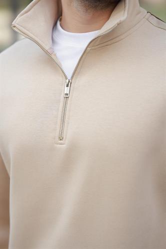Bej Fermuarlı Yarım Balıkçı Yaka Erkek Sweatshirt E7164