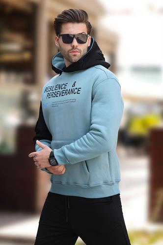 Mavi Kapüşonlu Cep Detaylı Baskılı Erkek Sweatshirt 7058