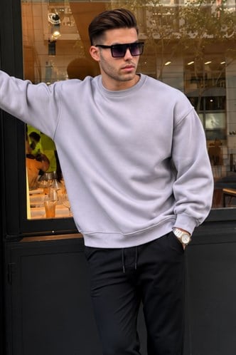 Boyalı Gri Bisiklet Yaka Oversize Şardonlu Basic Erkek Sweatshirt 6048