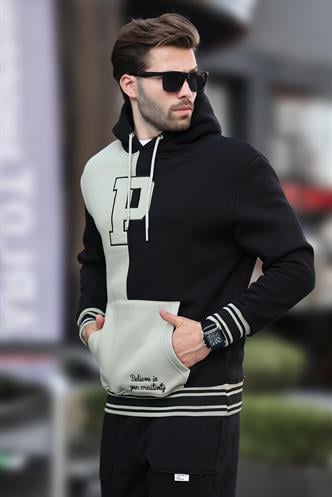 Siyah Renk Bloklu Kapüşonlu Baskılı Erkek Sweatshirt 7078