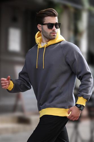 Füme Renk Bloklu Kapüşonlu Sweatshirt 7073