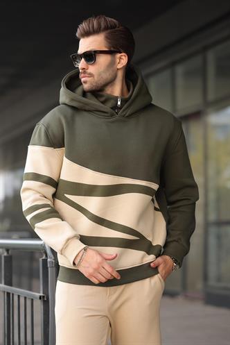 Haki Kapüşonlu Fermuar Yaka Desenli Erkek Sweatshirt E7162