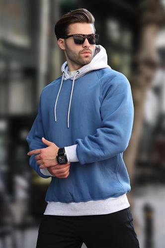 İndigo Renk Bloklu Kapüşonlu Sweatshirt 7073
