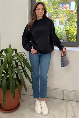 Siyah Bisiklet Yaka Basic Sweatshirt MG2185