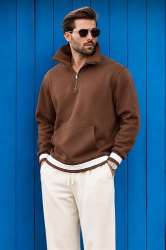 Kahverengi Fermuarlı Dik Yaka Kanguru Cep Erkek Sweatshirt E7159