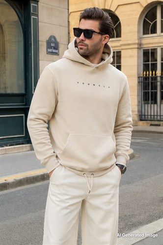 Bej Kapüşonlu Baskılı Erkek Sweatshirt 7077