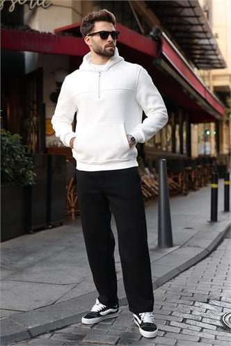 Ekru Kanguru Cepli Kapüşonlu Erkek Sweatshirt E7218