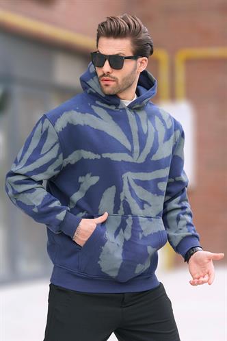 Lacivert Kapüşonlu Cep Detaylı Baskılı Erkek Sweatshirt 7087