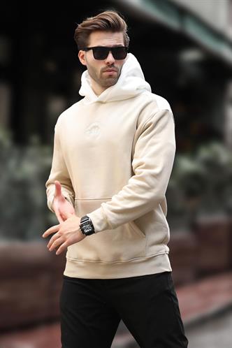 Bej Kapüşonlu Renk Bloklu Nakış Detaylı Erkek Sweatshirt 7088