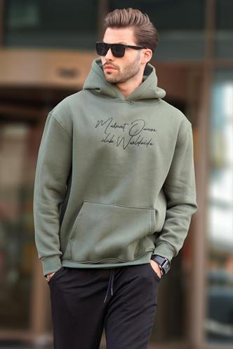 Haki Kapüşonlu Cep Detaylı Baskılı Erkek Sweatshirt 7064