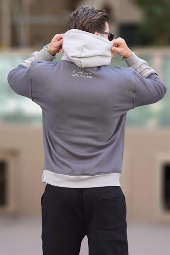 Füme Kapüşonlu Baskılı Cep Detaylı Erkek Sweatshirt 7083