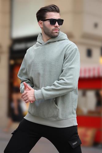Çağla Yeşili Kapüşonlu Cep Detaylı Polar Erkek Sweatshirt 7093