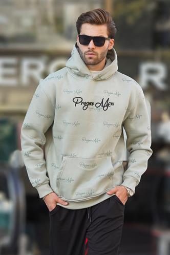 Çağla Yeşili Baskılı Kapşonlu Cep Detaylı Erkek Sweatshirt 7075