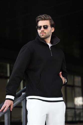 Siyah Fermuarlı Dik Yaka Kanguru Cep Erkek Sweatshirt E7159